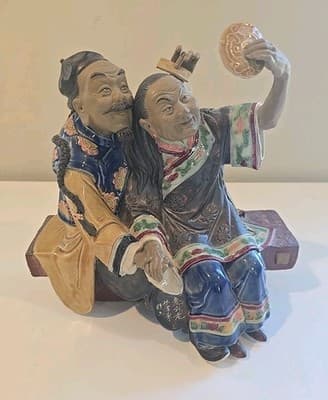 Vintage Porcelain Asian Couple Figure Man Brushing Woman's Hair