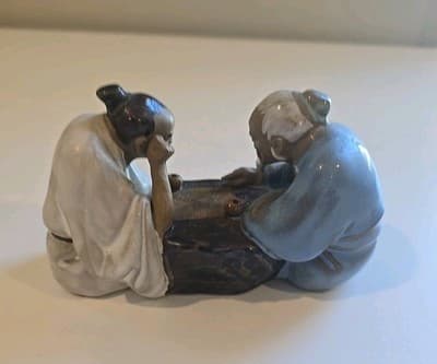 Chinese Mudman Glazed Clay Pottery Figurine Asian Men Playing Mahjong Signed - Thumbnail 4
