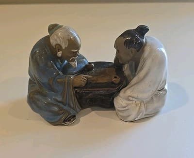 Chinese Mudman Glazed Clay Pottery Figurine Asian Men Playing Mahjong Signed - Thumbnail 2