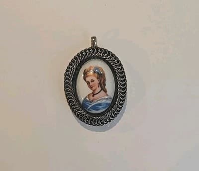VTG Signed Warner Painted Lady Portrait Necklace Pendant 2" - Thumbnail 2
