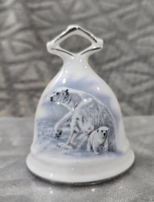 Vintage Sunrise Fine Bone China Yukon Sled team and Polar Bear Mom Baby Bell