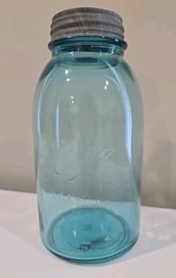 VTG Aqua Blue Ball "Perfect Mason" Jar 9" Tall with Zinc Lid - Thumbnail 3