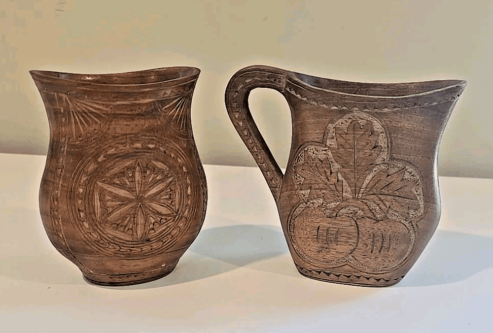 Vintage Yugoslavian Wooden Ceremonial Shepherd Cup Pitcher Hand Carved Folk Art