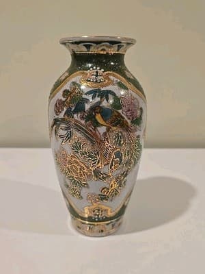 Vintage Chinese Porcelain Vase Birds Peacock Flowers 8.5" China Gold Raised Old