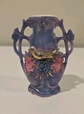 Antique German Two Handle Vase Bird Leaves And Berries