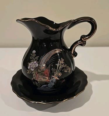 Vintage Japanese Creamer Pitcher Peacock w/ Plate