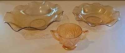 Iridescent Marigold Jeannette Iris & Herringbone Sugar Bowl & Ruffle Bowls 3pc - Thumbnail 7
