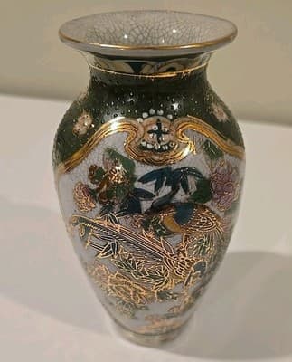 Vintage Chinese Porcelain Vase Birds Peacock Flowers 8.5" China Gold Raised Old - Thumbnail 10
