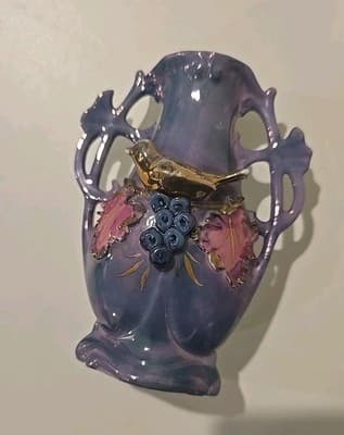 Antique German Two Handle Vase Bird Leaves And Berries - Thumbnail 10
