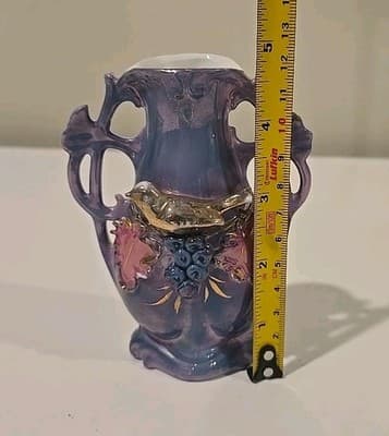 Antique German Two Handle Vase Bird Leaves And Berries - Thumbnail 2