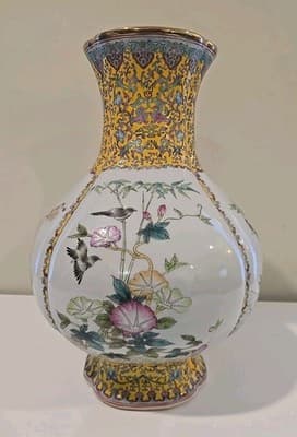 14" Qianlong Marked Chinese Color Enamel Porcelain Flower Bird Vase - Thumbnail 3