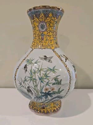 14" Qianlong Marked Chinese Color Enamel Porcelain Flower Bird Vase - Thumbnail 4