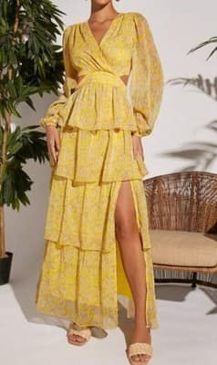 Shein Pretty Gold YellowCut-Out Tiered Maxi Dress Size Lg