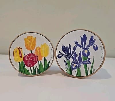 Lillian Vernon Wooden Shaker Storage Boxes 1984 Iris Tulip Flowers Set of 2