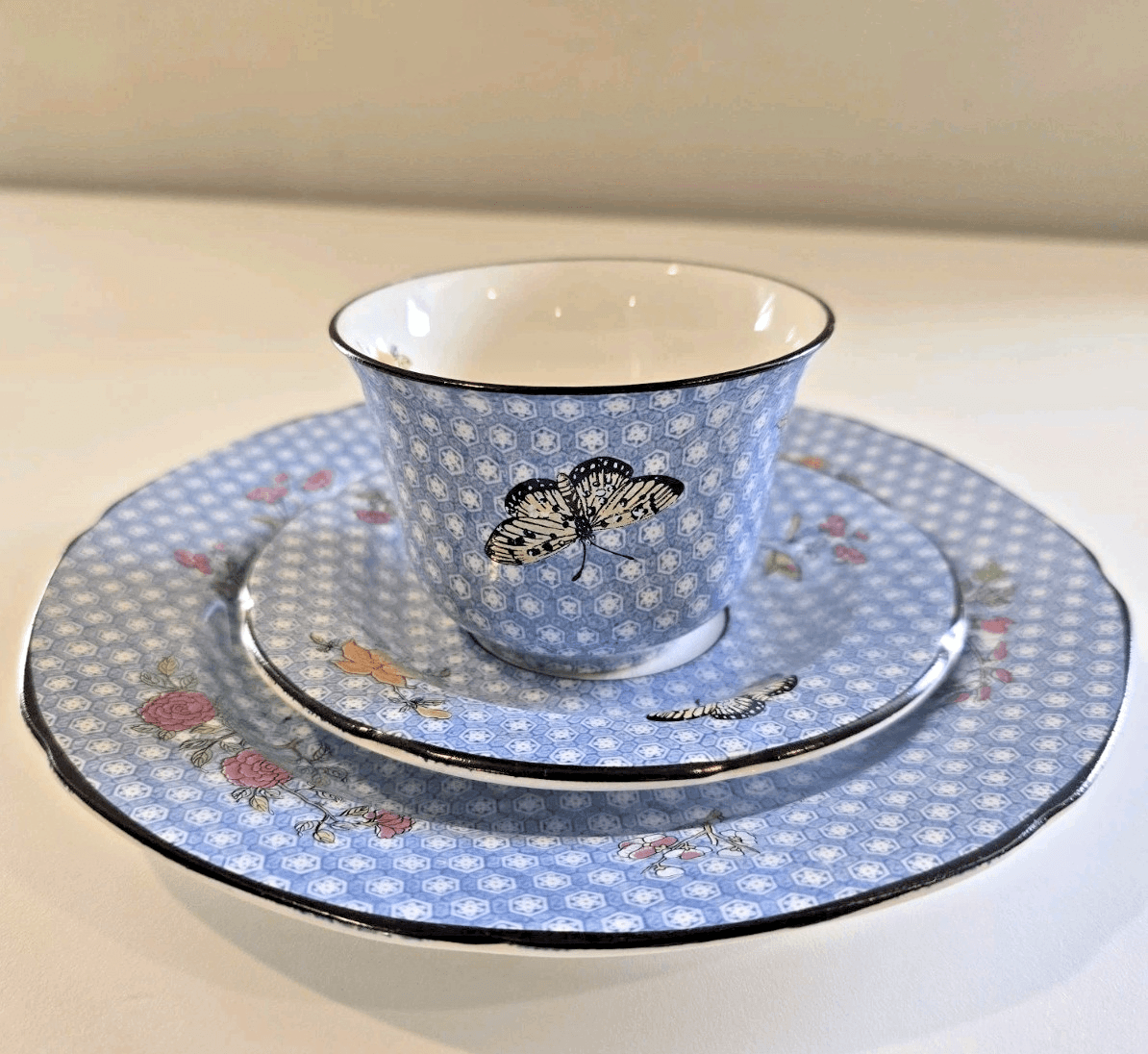 Mottahedeh England for Tiffany & Co Cornelia Blue Teacup Saucer and Plate 3pc - Thumbnail 13