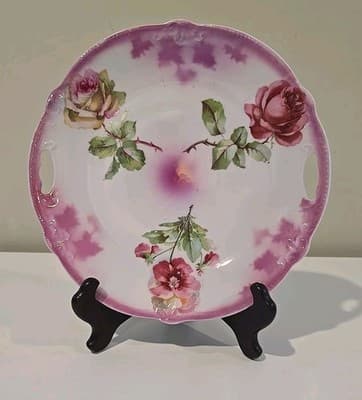 Antique Victorian Plate with Handles Pink Roses Germany - Thumbnail 2