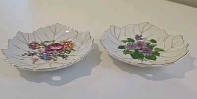 Vintage Pair Nasco African Violets Leaf Shaped Trinket Dish Made in Japan mABE - Thumbnail 2
