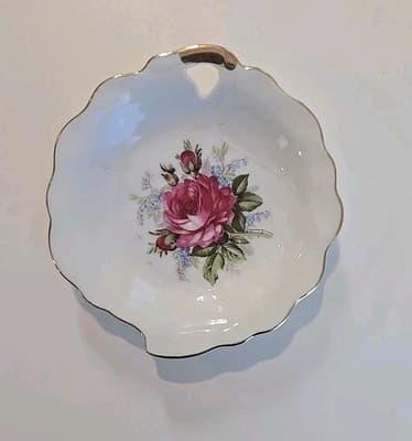 Floral Rose Scalloped Candy Bowl Trinket Dish Gold Tone Rim Nasco Japan