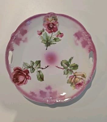 Antique Victorian Plate with Handles Pink Roses Germany - Thumbnail 5