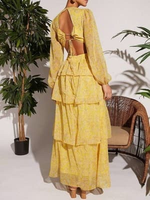 Shein Pretty Gold YellowCut-Out Tiered Maxi Dress Size Lg - Thumbnail 2