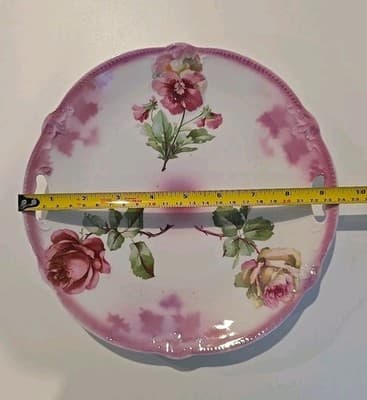 Antique Victorian Plate with Handles Pink Roses Germany - Thumbnail 4
