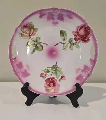Antique Victorian Plate with Handles Pink Roses Germany