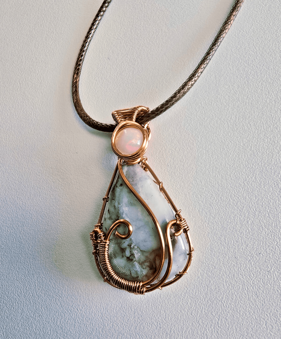 Copper Wire Wrapped Genuine Aquaprase and Ethiopian Opal Pendant Handmade - Thumbnail 3