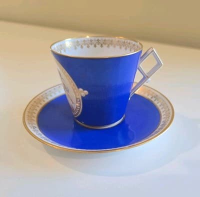 Antique French Painted Portrait Sevres Demitasse Cup Saucer Blue Portrait Cherub - Thumbnail 4