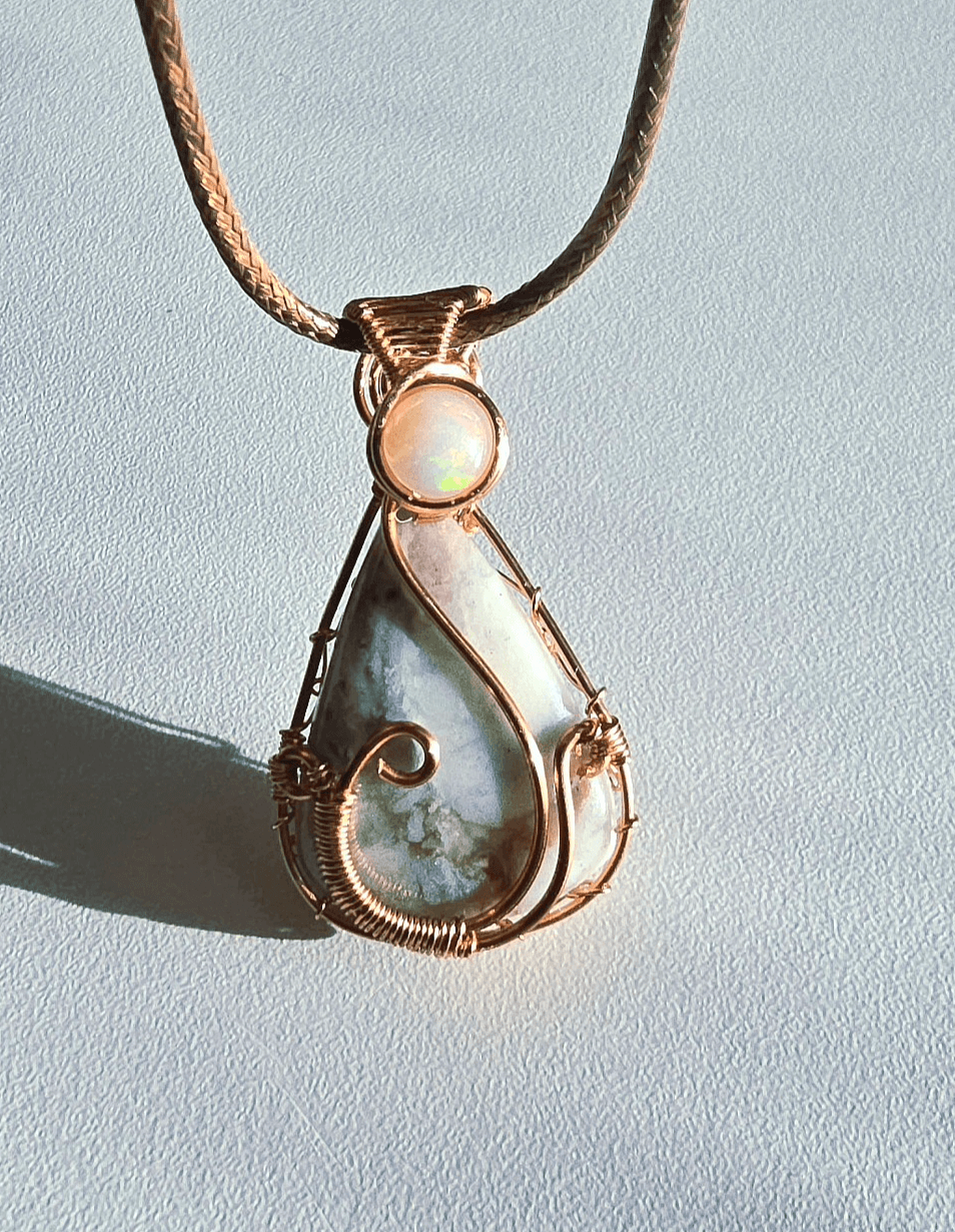 Copper Wire Wrapped Genuine Aquaprase and Ethiopian Opal Pendant Handmade