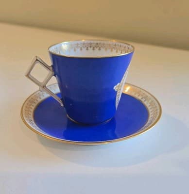 Antique French Painted Portrait Sevres Demitasse Cup Saucer Blue Portrait Cherub - Thumbnail 6
