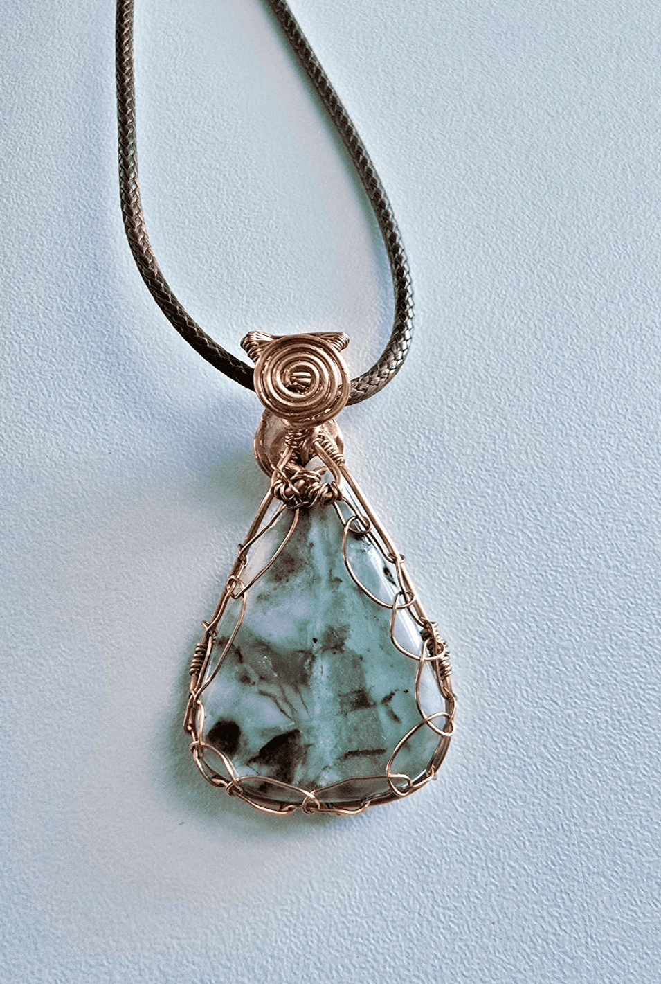 Copper Wire Wrapped Genuine Aquaprase and Ethiopian Opal Pendant Handmade - Thumbnail 4