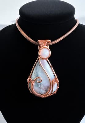 Copper Wire Wrapped Genuine Aquaprase and Ethiopian Opal Pendant Handmade - Thumbnail 6