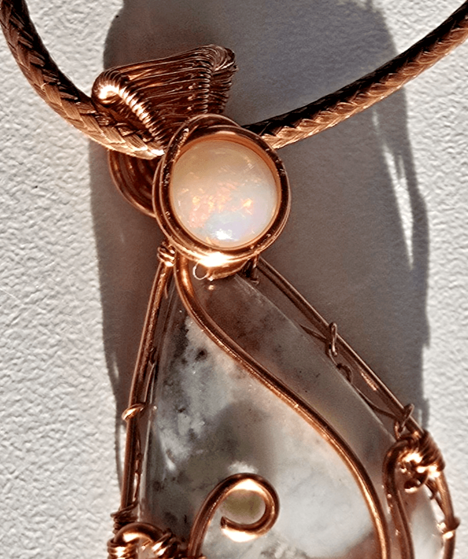 Copper Wire Wrapped Genuine Aquaprase and Ethiopian Opal Pendant Handmade - Thumbnail 5