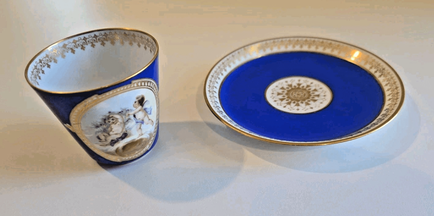 Antique French Painted Portrait Sevres Demitasse Cup Saucer Blue Portrait Cherub - Thumbnail 2