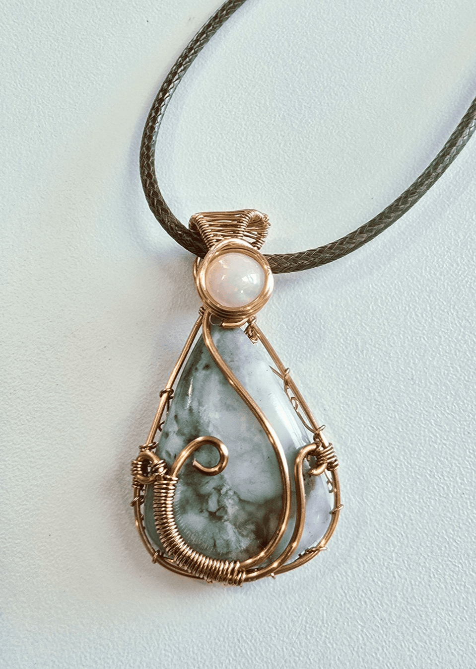 Copper Wire Wrapped Genuine Aquaprase and Ethiopian Opal Pendant Handmade - Thumbnail 2