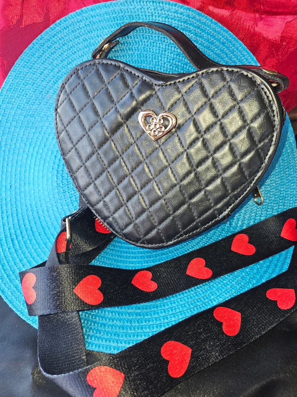 Quilted Heart-Shaped Shoulder Bag in Black with Heart-Accent Strap - Thumbnail 5