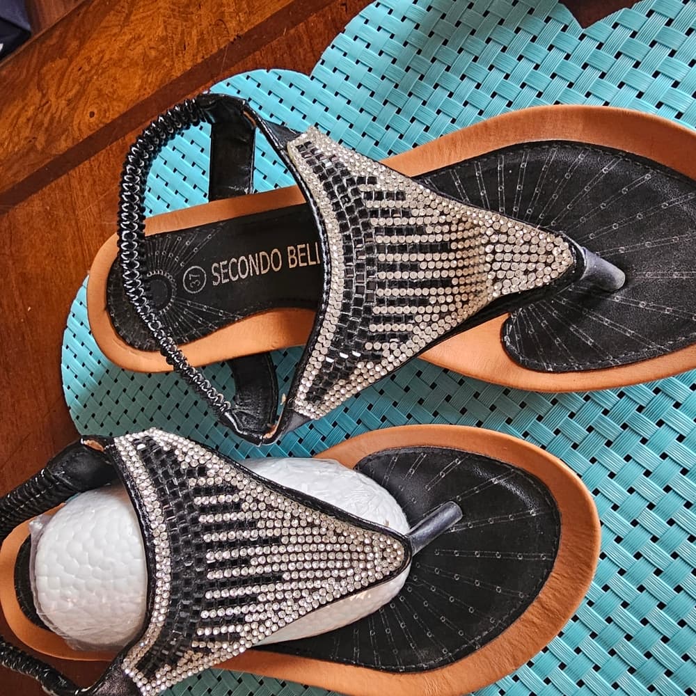 Black and Silver Thong Sandals with Braided Straps - Thumbnail 3