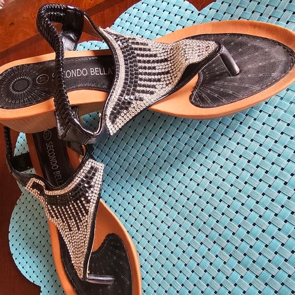 Black and Silver Thong Sandals with Braided Straps - Thumbnail 6