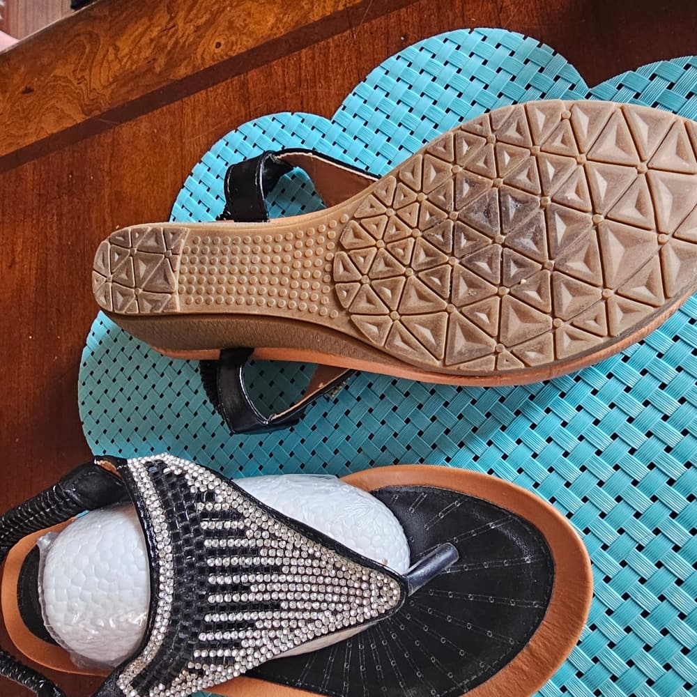 Black and Silver Thong Sandals with Braided Straps - Thumbnail 2