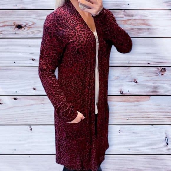 Burgundy Leopard Cardigan - Thumbnail 2