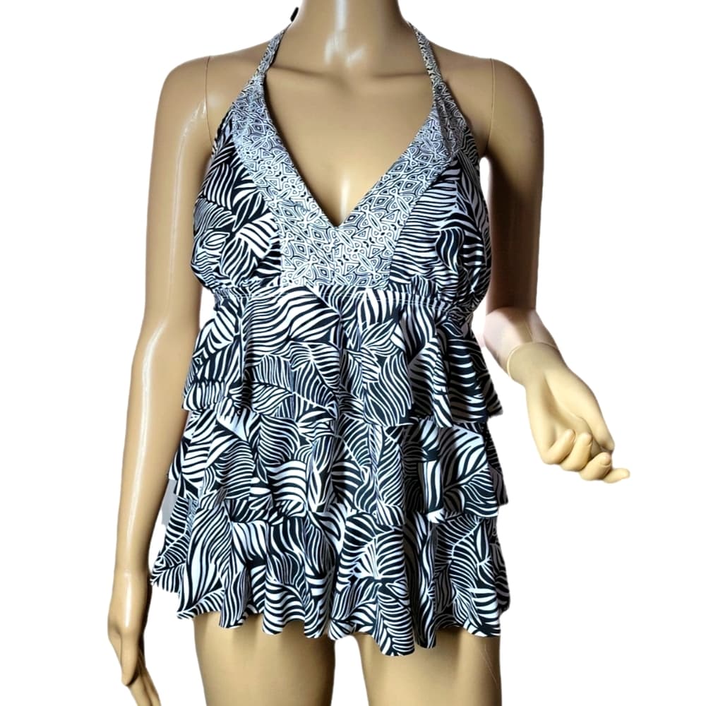 Catalina Black & White Zebra Print Ruffled Tankini Top Padded Cups Size XL - Thumbnail 7