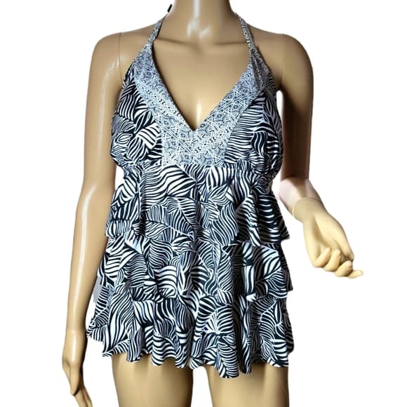 Catalina Black & White Zebra Print Ruffled Tankini Top Padded Cups Size XL - Thumbnail 8