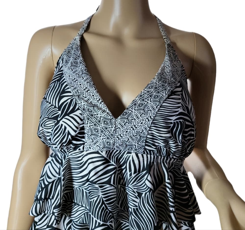 Catalina Black & White Zebra Print Ruffled Tankini Top Padded Cups Size XL