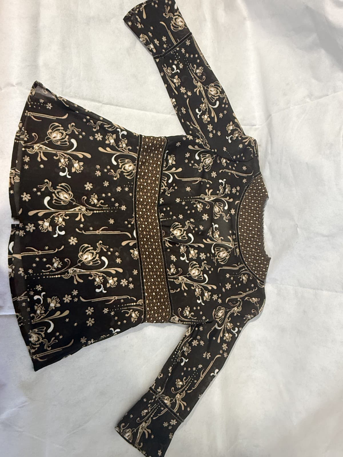 Emma James Brown Floral Velvet Trim Sheer Bell Sleeve Boho Top 8P - Thumbnail 4