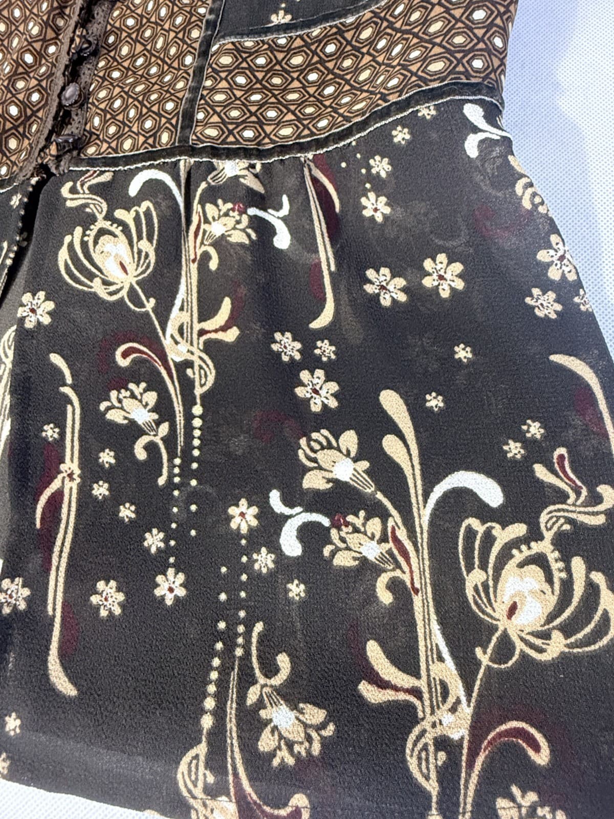 Emma James Brown Floral Velvet Trim Sheer Bell Sleeve Boho Top 8P - Thumbnail 3