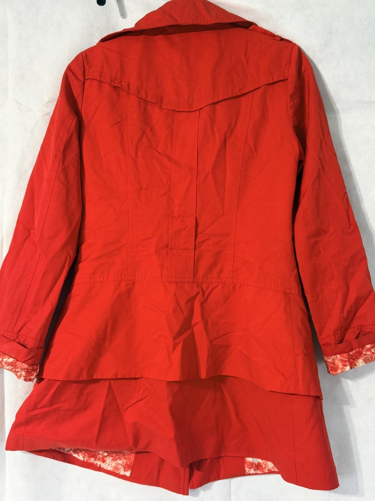 Guess Red Double Breasted Trench Coat Women's S Belted Floral Lining Jacket - Thumbnail 5
