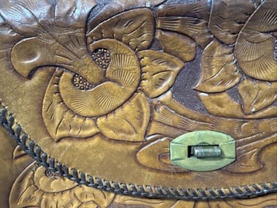 80s Vintage Hand Tooled And Stitched Satchel Hand Bag Genuine Leather - Thumbnail 2