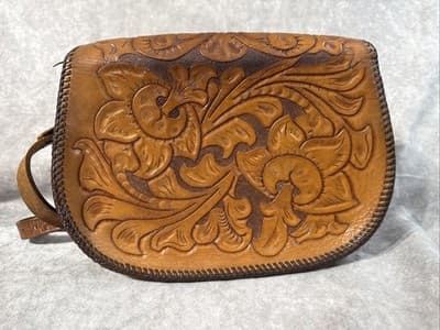 80s Vintage Hand Tooled And Stitched Satchel Hand Bag Genuine Leather - Thumbnail 4