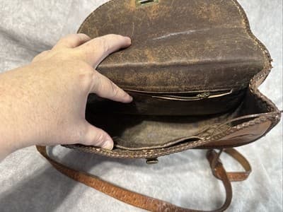 80s Vintage Hand Tooled And Stitched Satchel Hand Bag Genuine Leather - Thumbnail 5