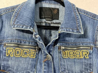 Rocka Wear Women’s Size Large Jean Jacket Button Up Zip Sleeve Zip Pockets - Thumbnail 6